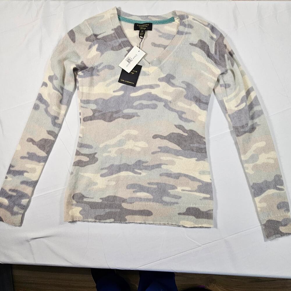Charter Club 100% Cashmere Camo Sweater V Neck Soft Knit Womens‎ NWT
